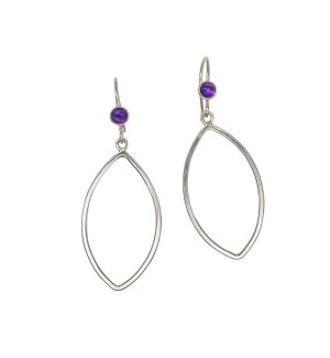 a pair of silver open hoop earrings with a small bezel set amethyst at the top.