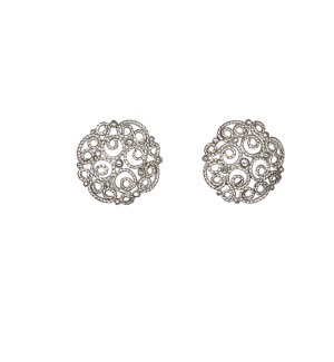 a pair of silver earrings with a circular disc of detailed filagree pattern.