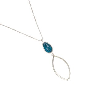a pendant with a faceted teal kyanite stone bezel set in Sterling and accentuated with a simple Sterling design element.