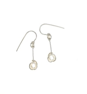 a pair of sterling silver stick drop and wrapped white pearl earrings.