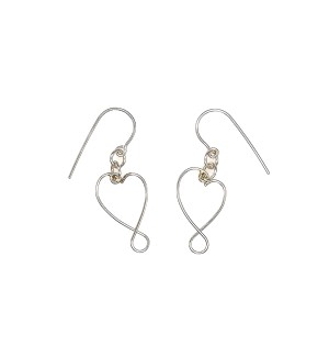 a handcrafted pair of Sterling silver drop earrings with a subtle heart shape.