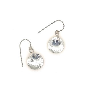 a handcrafted pair of Sterling silver disc earrings with an etched sunburst pattern.