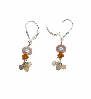 a pair of beaded earrings with a large pink pearl and smaller clusters of three beads suspended.