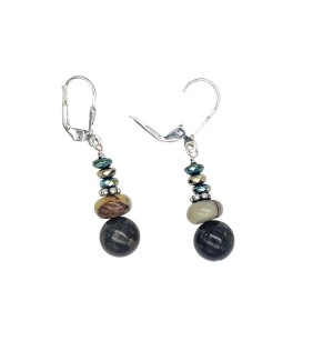 a pair of earrings of faceted, reflective green hematite beads and polished green jasper stones.