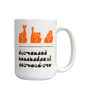 a white ceramic mug with the RIT logo in ASL Manutype.   