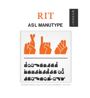 a square magnet with the RIT logo and the ASL Manutype font spelling out RIT and Rochester Institute of technology. Printed in orange and black on a white background.
