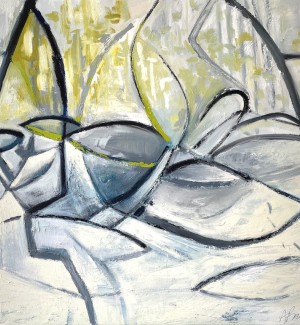 an abstract painting with bold strokes of black over fields of whites, light blues and sea greens.