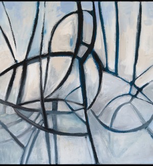 a three panel abstract painting with a series of bold black lines streaming and tangeling across all panels with a whitish to grey background.