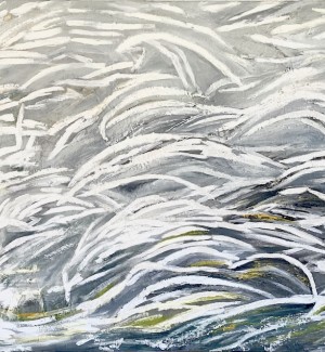an abstract painting with arched strokes of whites, light blues and sea greens. 