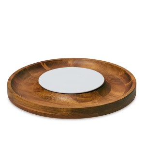 a round dark wood cheeseboard with a circular small white porcelain disc in the center.