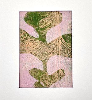 a color abstract print with a patterned green silhouette of an oak leaf overlayed with light pink forms.