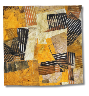 a painterly fabric quilt with stacked yellow squares with black grate like forms.
