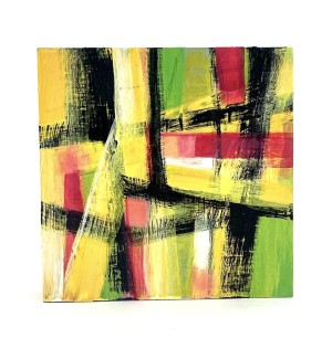 an abstract painting with bold strokes of black, lime green, yellow and red that intersect creating a hatch mark pattern.