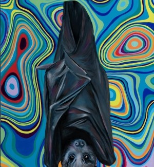 a portrait of a black bat hanging with a colorful swirl of color background.