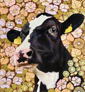 a detailed hand illustrated portrait of a black and white cow head on a floral background.
