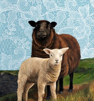 aprtryit of two sheep standing in front of a lace decorative background.