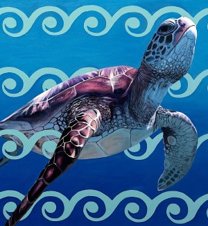 a portrait of a tortoise swimming in front of a graphic blue swirl background.