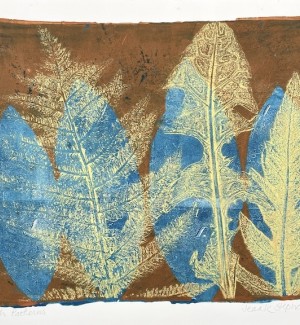 a print made with natural leaves that leave a detailed impression in yellow on a turquoise and brown background.