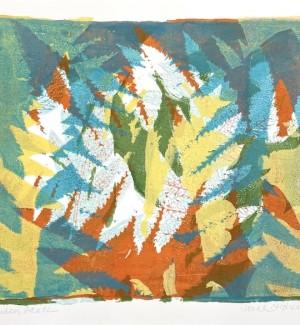 a print made with fresh leaves leaving an overlay of patterns of yellow, orange, turquoise and grey. 