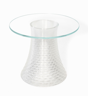 a clear glass 3D printed table with a ribbed base and clear round top.