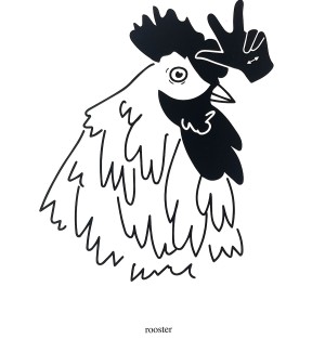 a black and white graphic illustration of a rooster with one hand at the top of the head making the ASL sign for 'rooster'.