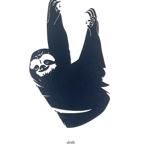 a black and white graphic illustration of a sloth with two hands at its claws making the ASL sign for 'sloth'.
