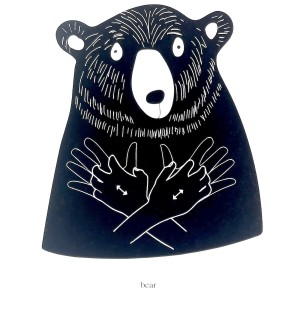 a black and white graphic illustration of a bear with two hands crossed making the ASL sign for 'bear'.