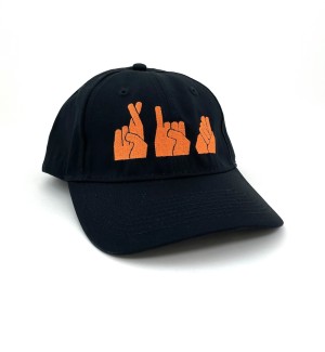 a black baseball cap with 'RIT' spelled in ASL in orange.