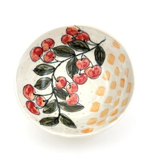 a white ceramic bowl with hand illustrated red cherries on one half and yellow dots on the other.