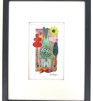 a black framed, handmade collage of paper and beads with a green tree shape, a green heart, a spiral made of glass beads. 