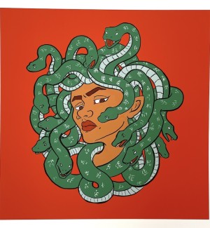 a digital illustration of a Medusa head with green snakes on a saturated red background.