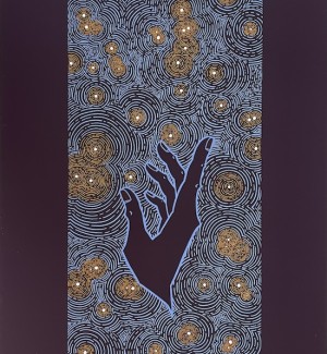 an illustration of a stylized reaching hand into a cosmos of swirling golden stars on a deep blue background.