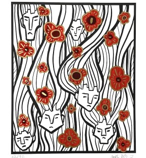 a graphic illustration on wavy bold black lines with a series of stylized faces and bright red flowers.