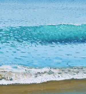an abstract oil painting of a thin band of sand with an ocean of waves in blues and greens just beyond. 