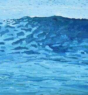 an abstract oil painting of the ocean in green and blues.
