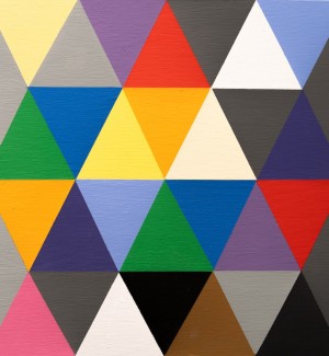 painting on a square board with an underlying grid which is paineted over with a series of triangles perfectly arranged in multiple colors from white, yellow, orange, red, blue, green and black.