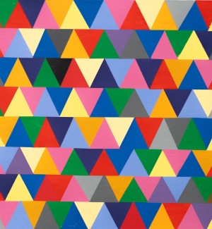 painting on a square board with an underlying grid which is paineted over with a series of triangles perfectly arranged in multiple colors from white, yellow, orange, red, blue, green and black. 