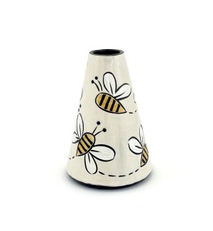 a conal shaped ceramic bud vase with a white background and an illustration of bees.