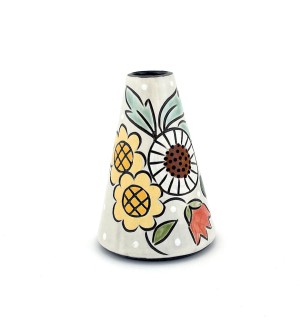 a conal shaped ceramic bud vase with a white background and an illustration of a bouquet of flowers.