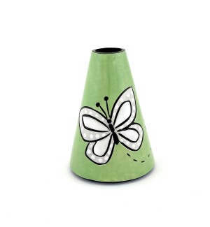 a cone shaped ceramic bud vase with a green background and an illustration of a butterfly.