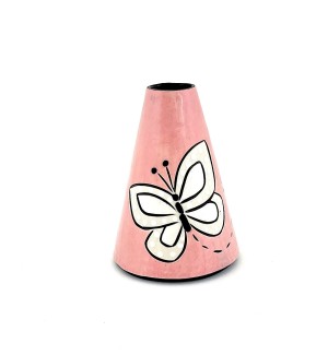 a cone shaped ceramic bud vase with a pink background and an illustration of a butterfly. 
