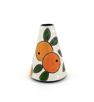 a cone shaped ceramic bud vase with a white background and an illustration of oranges.
