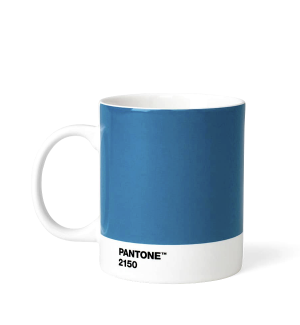 a blue ceramic coffee mug.