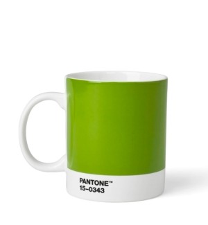 a green ceramic coffee mug.