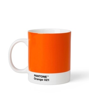 an orange ceramic coffee mug.
