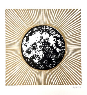 an artist print of a black and white depiction of the moon and its craters with a golden striped ray pattern around it.
