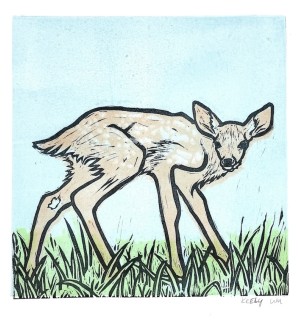 a block print illustration of a fawn with hand colored blue sky and green grass.