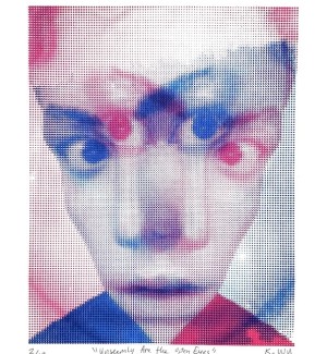 a screen print of overlapping images of a face with intense eyes in a pixelated dot pattern - one in blue and one in red.