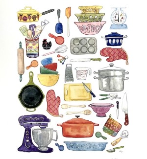 a color illustration of a collection of kitchen implements including a mixer, red lidded casserole, red oven mix, muffin tin, mixing bowl set, frying pan, mixing spoons, rolling pin.