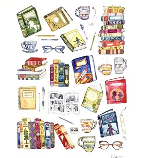a color illustration of a series of books in assorted arrangements, stacked and open with coffee cups and eye glasses interspersed. 